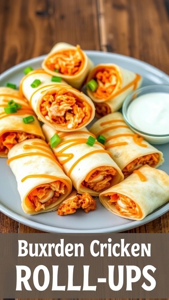 Buffalo chicken quesadilla roll-ups sliced and served with ranch dressing and green onions.